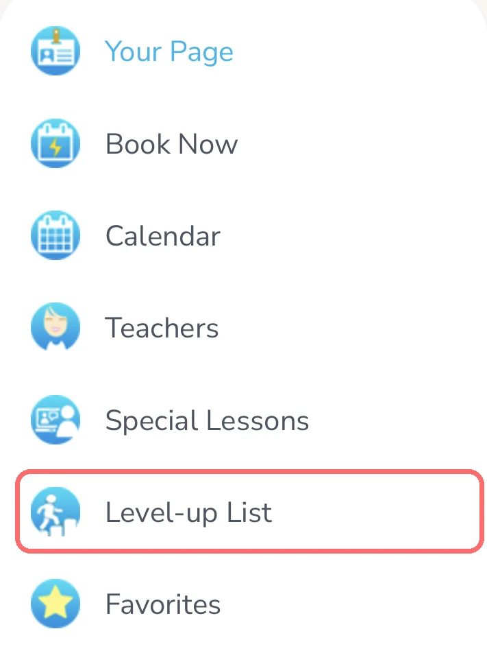 Level-up List in the side menu